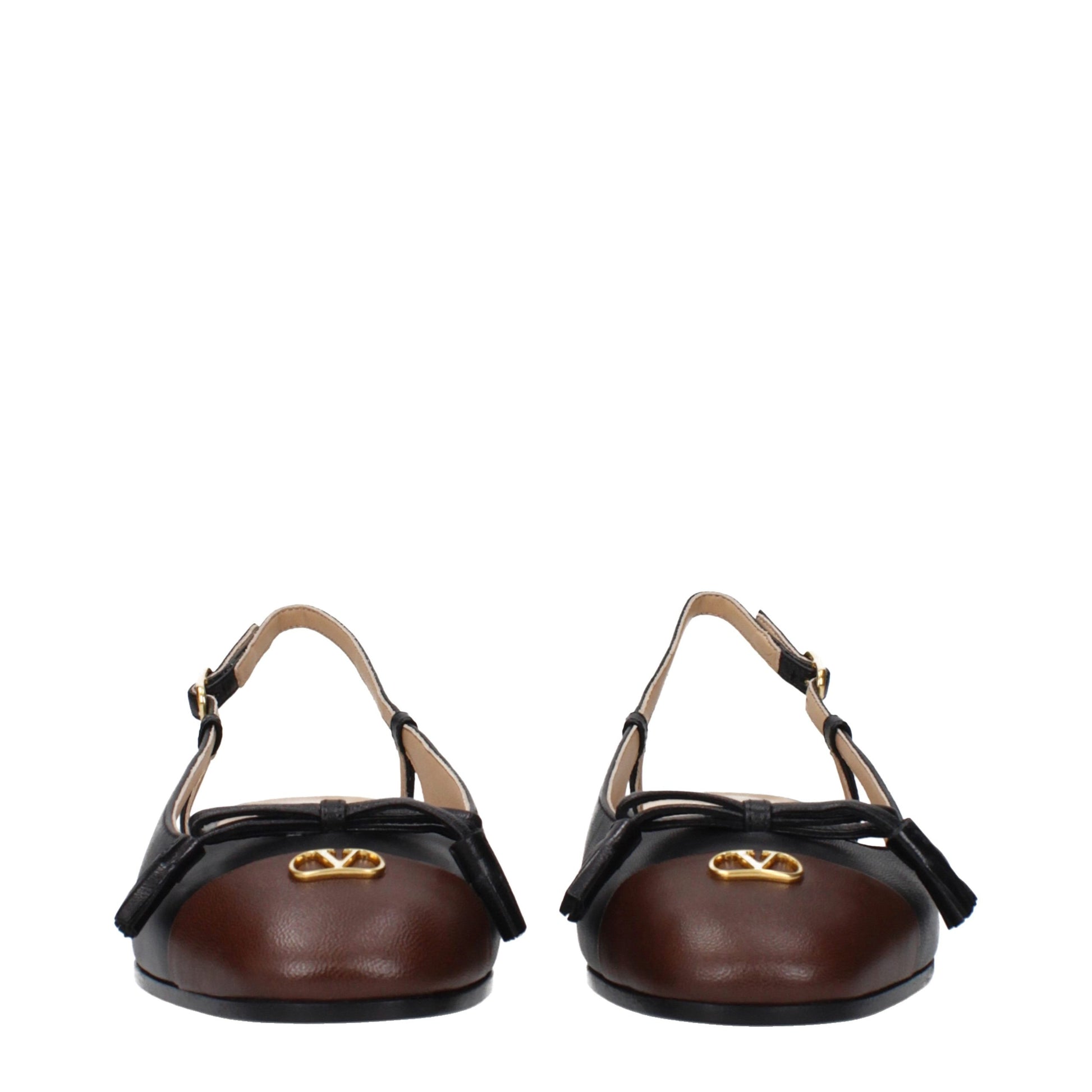 Ballet Flat Shoes by Valentino Garavani for women in leather black & gold features an captivating silhouette, showcasing the captivating style of the Women's Leather Ballet Flat Shoes with its distinct and refined round toe style.