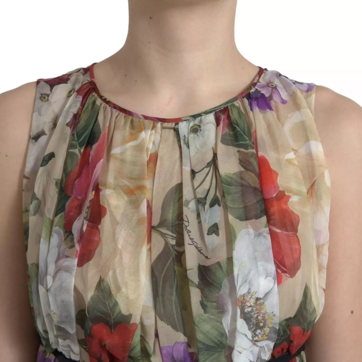 Dolce & Gabbana Women's A Line Cocktail Sleeveless Stretch Cotton Nylon & Silk Short Mini Dress - Beige Patterned Floral