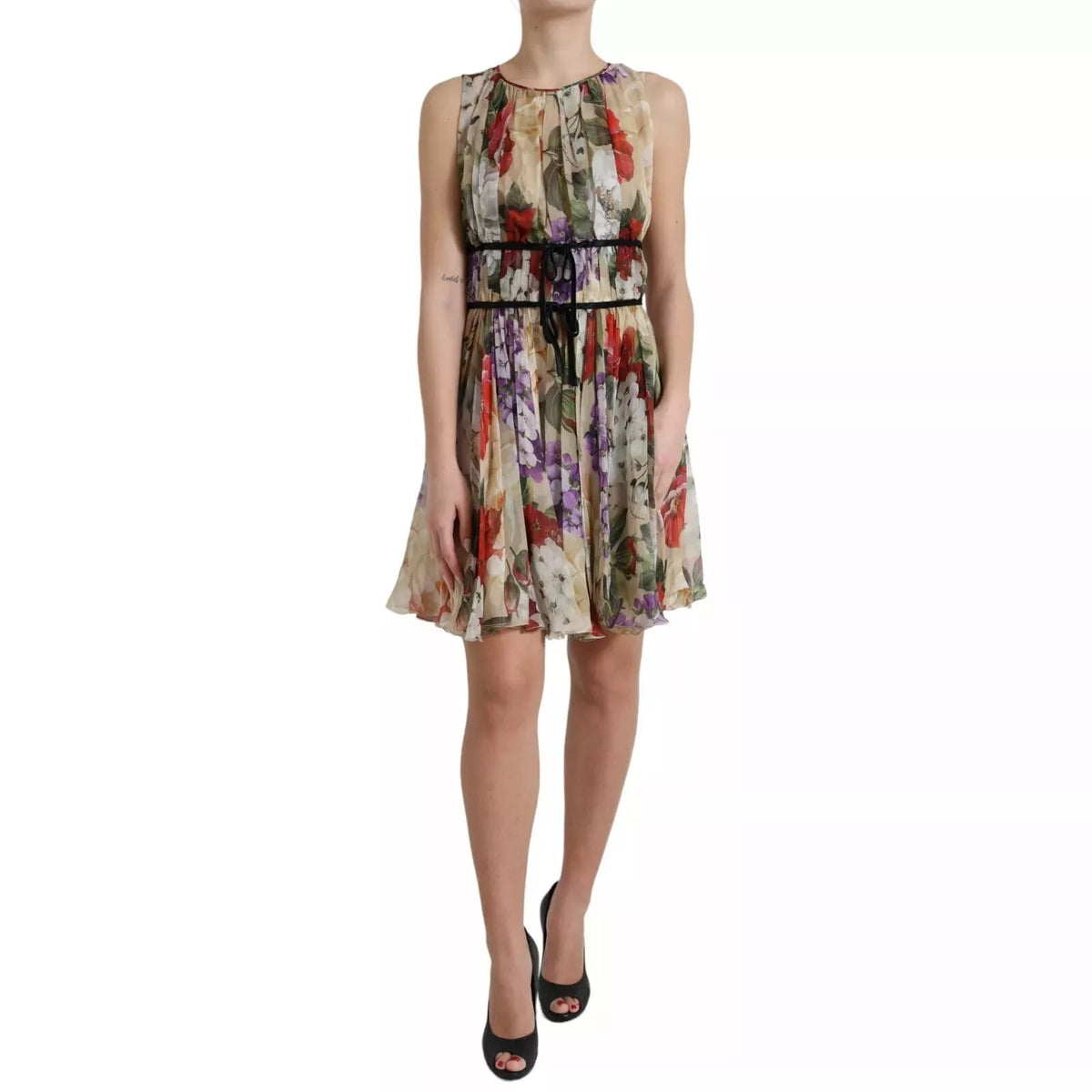 Dolce & Gabbana Women's A Line Cocktail Sleeveless Stretch Cotton Nylon & Silk Short Mini Dress - Beige Patterned Floral