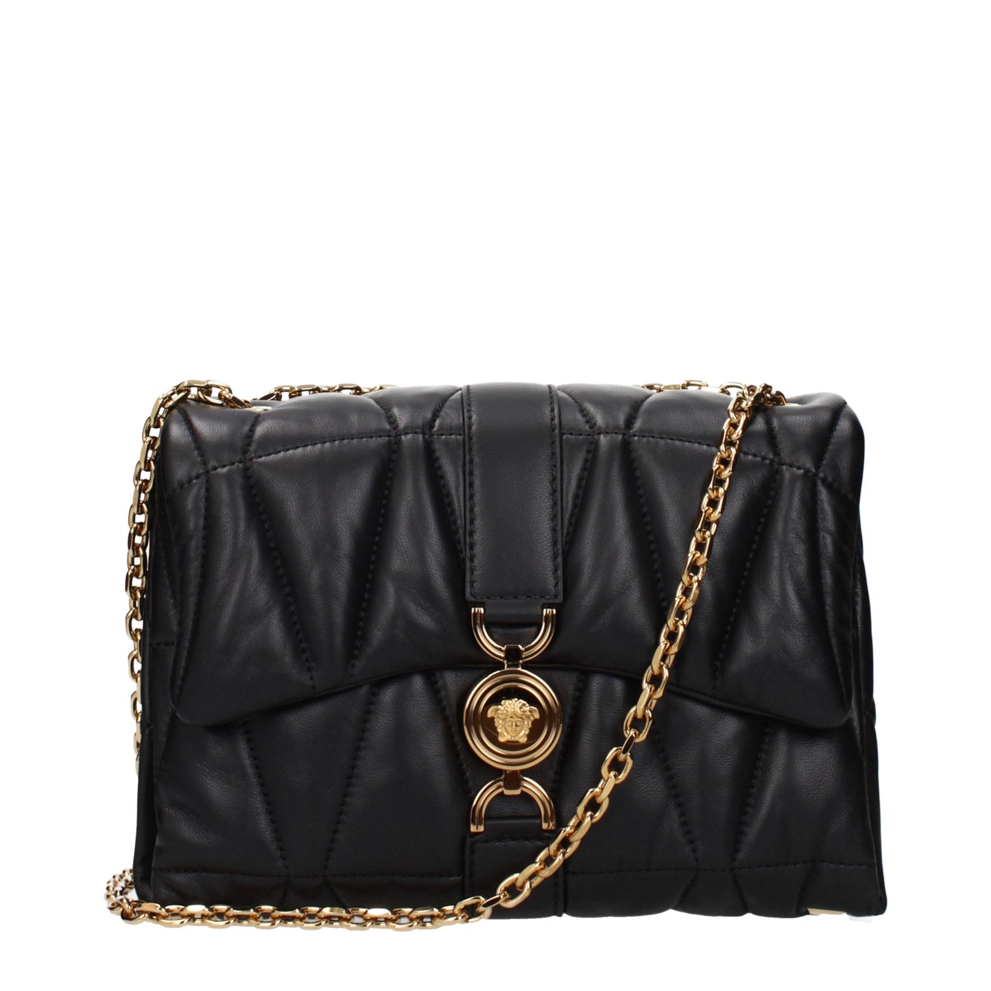 Shoulder Bag by Versace for women in leather black features an effortlessly chic silhouette with a secure , ample , and versatile shoulder-strap for effortlessly chic everyday luxury.