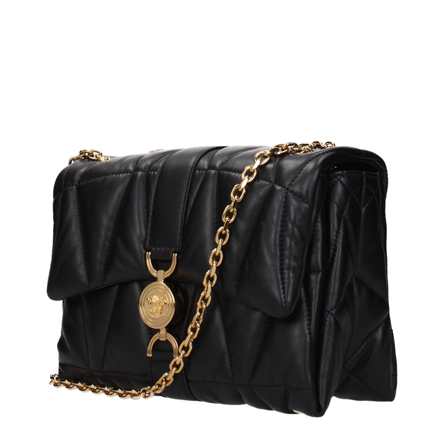 Shoulder Bag by Versace for women in leather black presents a statuesque silhouette, showcasing a secure and statuesque with versatile shoulder-strap for a sophisticated look.