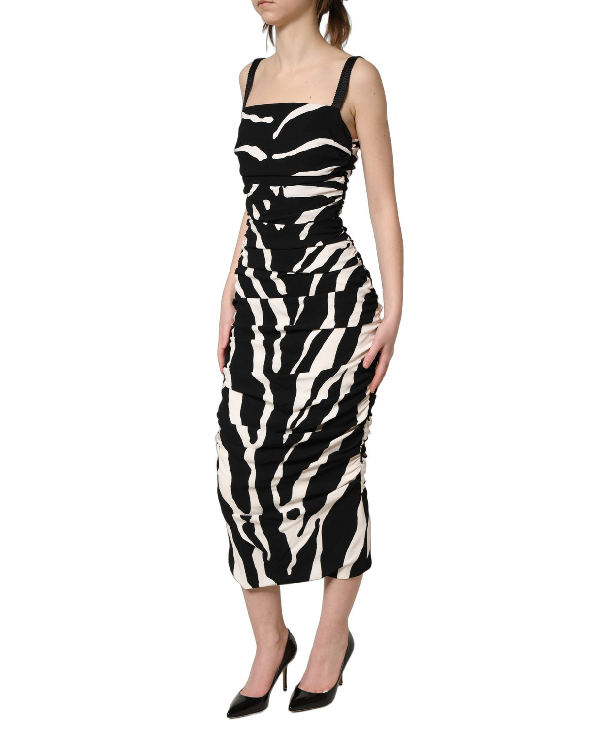 Dolce & Gabbana Women's Wrap Cocktail Sleeveless Viscose Silk Crepe & Calf Leather Midi Mini Dress - Black White Zebra