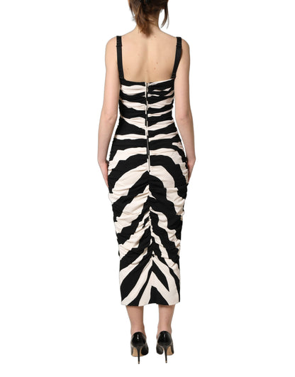 Dolce & Gabbana Women's Wrap Cocktail Sleeveless Viscose Silk Crepe & Calf Leather Midi Mini Dress - Black White Zebra