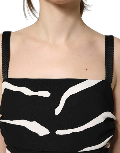 Dolce & Gabbana Women's Wrap Cocktail Sleeveless Viscose Silk Crepe & Calf Leather Midi Mini Dress - Black White Zebra