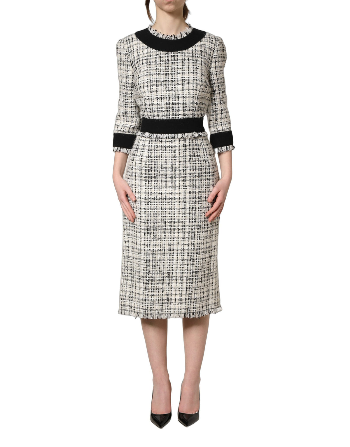 Dolce & Gabbana Women's A Line Sheath Wrap Cocktail Sleeveless Mohair Alpaca Wool Polyester Tweed Midi Dress - Black White Patterned