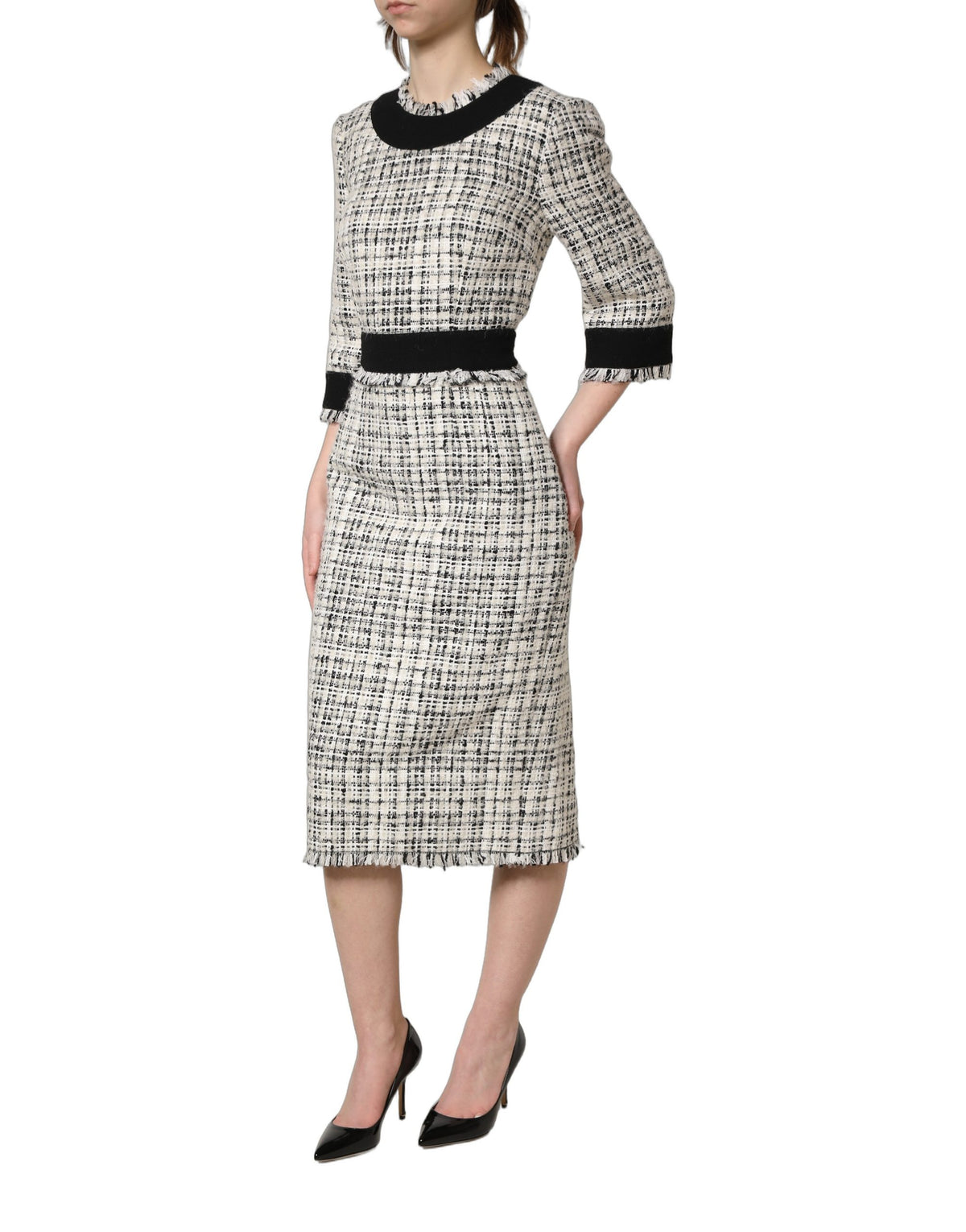 Dolce & Gabbana Women's A Line Sheath Wrap Cocktail Sleeveless Mohair Alpaca Wool Polyester Tweed Midi Dress - Black White Patterned