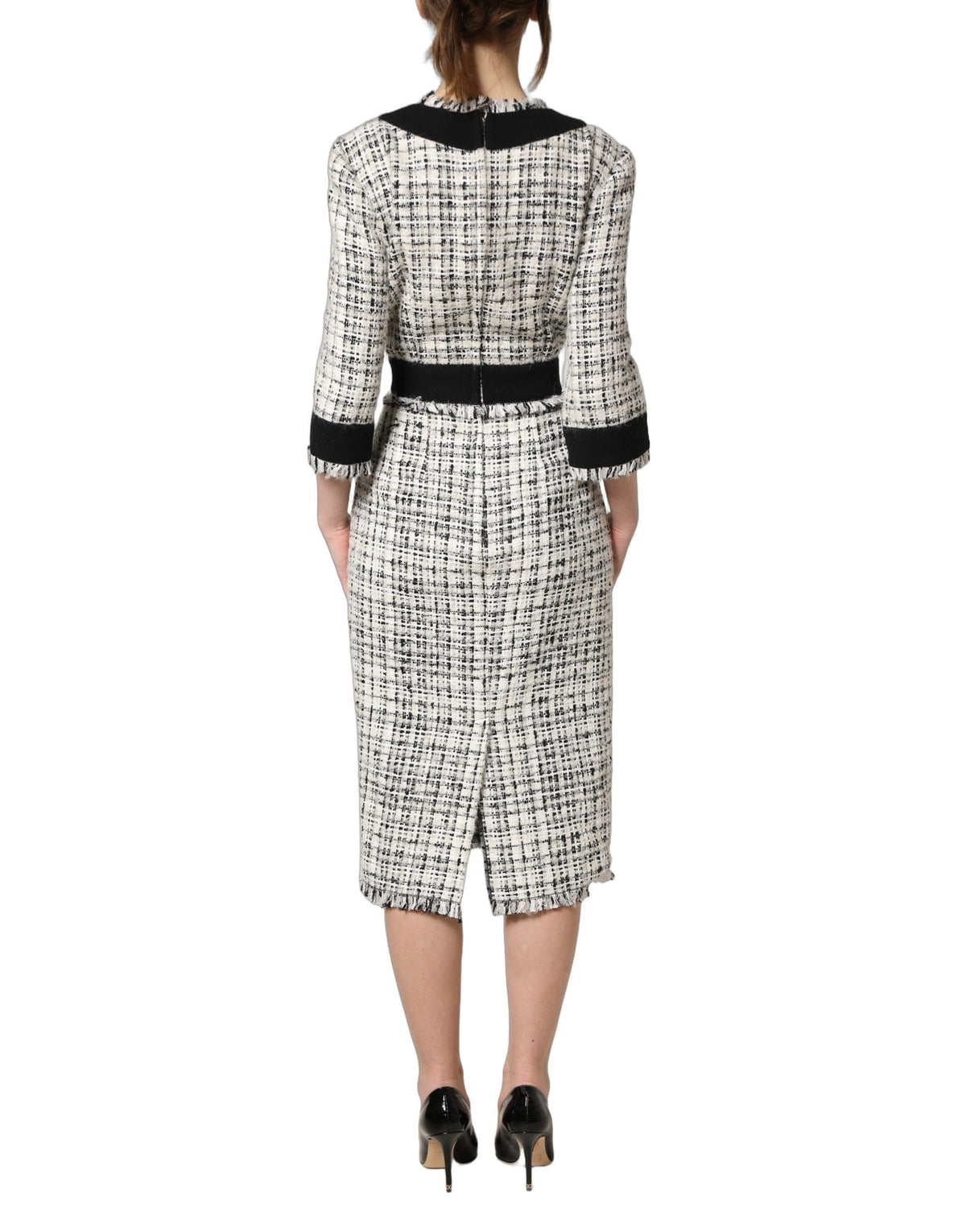 Dolce & Gabbana Women's A Line Sheath Wrap Cocktail Sleeveless Mohair Alpaca Wool Polyester Tweed Midi Dress - Black White Patterned