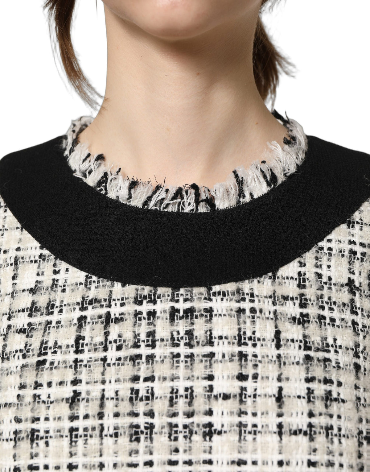 Dolce & Gabbana Women's A Line Sheath Wrap Cocktail Sleeveless Mohair Alpaca Wool Polyester Tweed Midi Dress - Black White Patterned