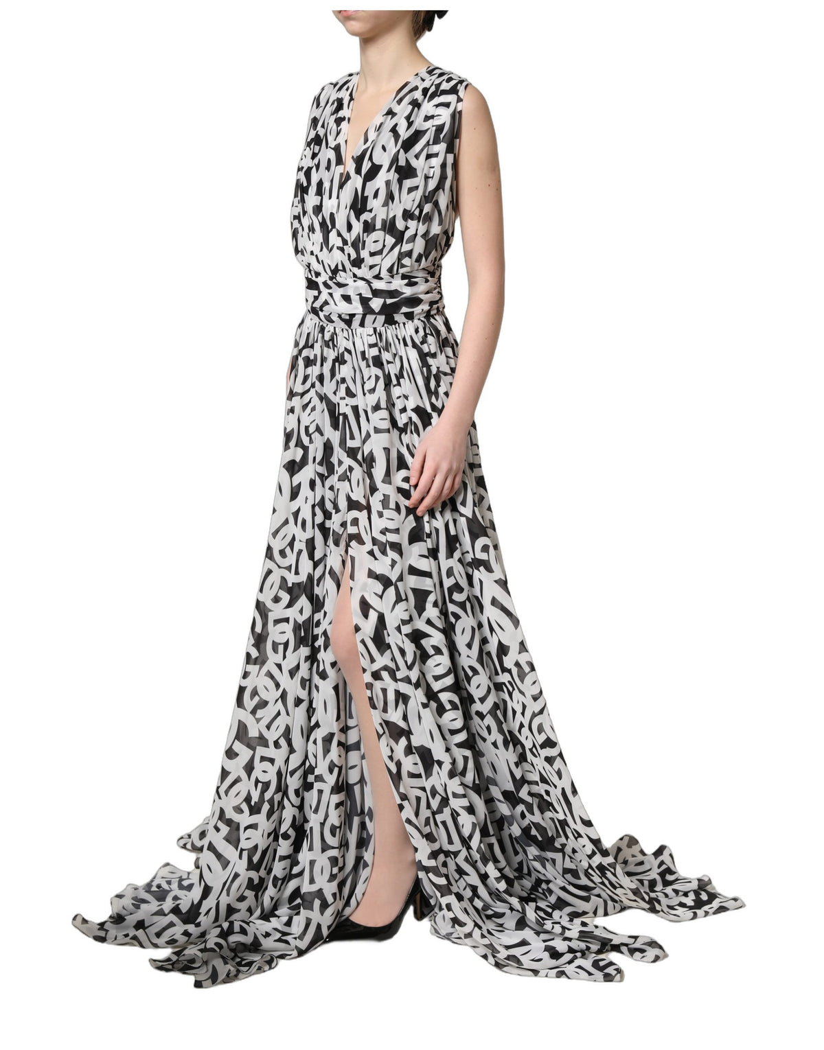 Dolce & Gabbana Aria Women's Wrap Cocktail Sleeveless Polyester & Silk Maxi Long Dress - Black White