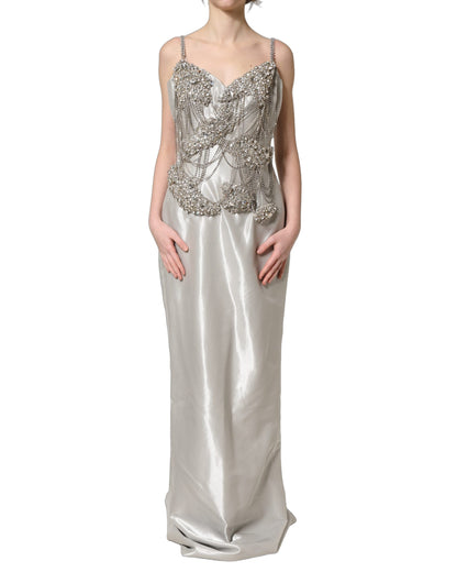 Dolce & Gabbana Women's Gown Wrap Cocktail Sleeveless Crystal Elastane & Silk Mini Long Dress - Silver
