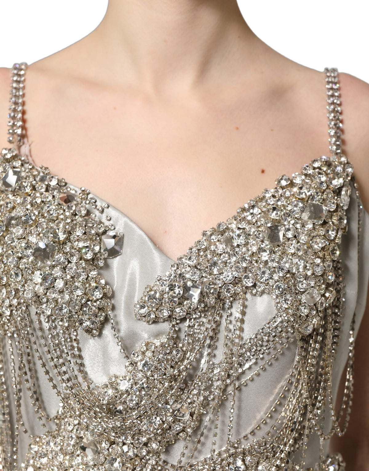 Dolce & Gabbana Women's Gown Wrap Cocktail Sleeveless Crystal Elastane & Silk Mini Long Dress - Silver