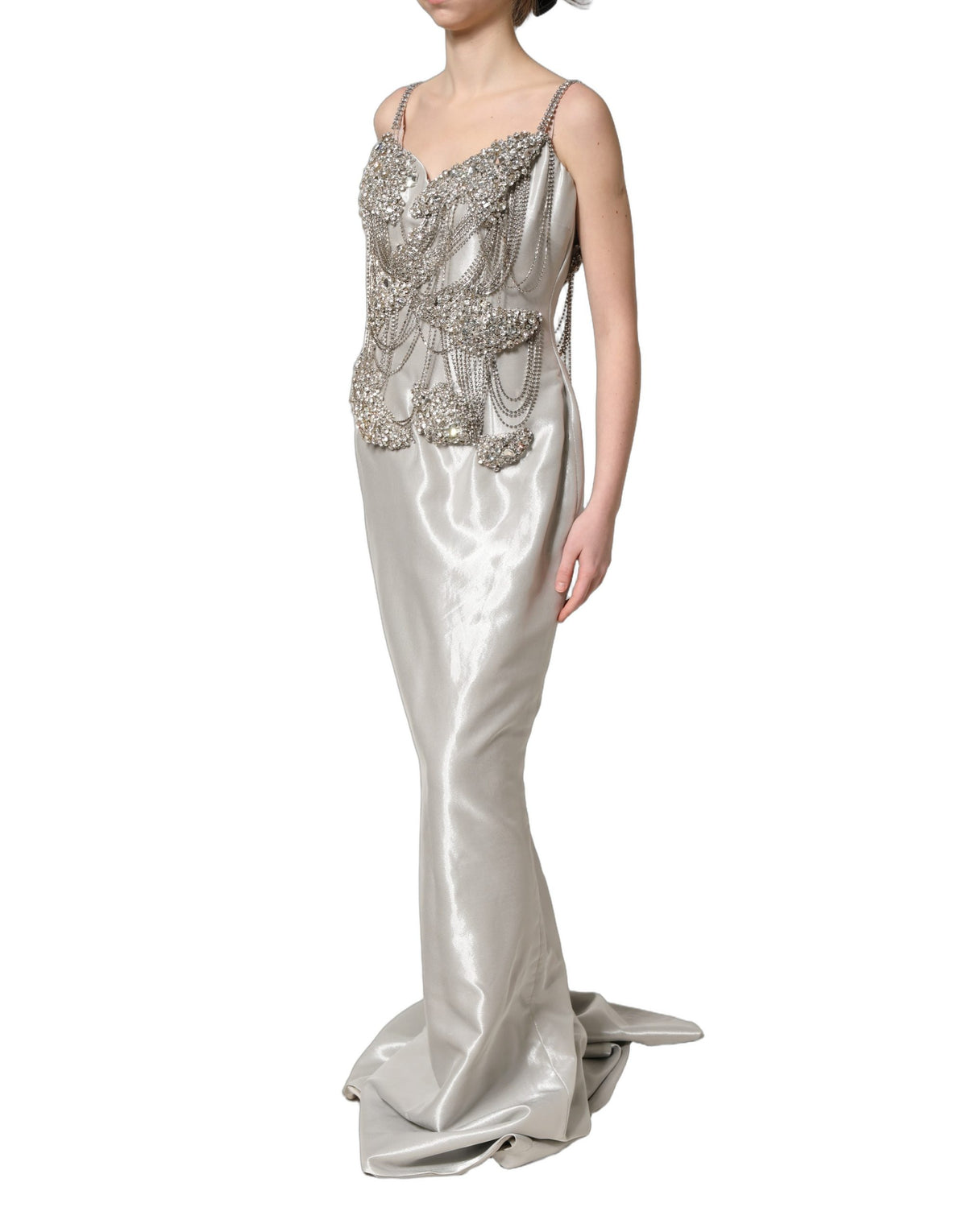 Dolce & Gabbana Women's Gown Wrap Cocktail Sleeveless Crystal Elastane & Silk Mini Long Dress - Silver