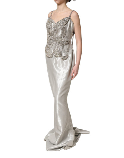 Dolce & Gabbana Women's Gown Wrap Cocktail Sleeveless Crystal Elastane & Silk Mini Long Dress - Silver