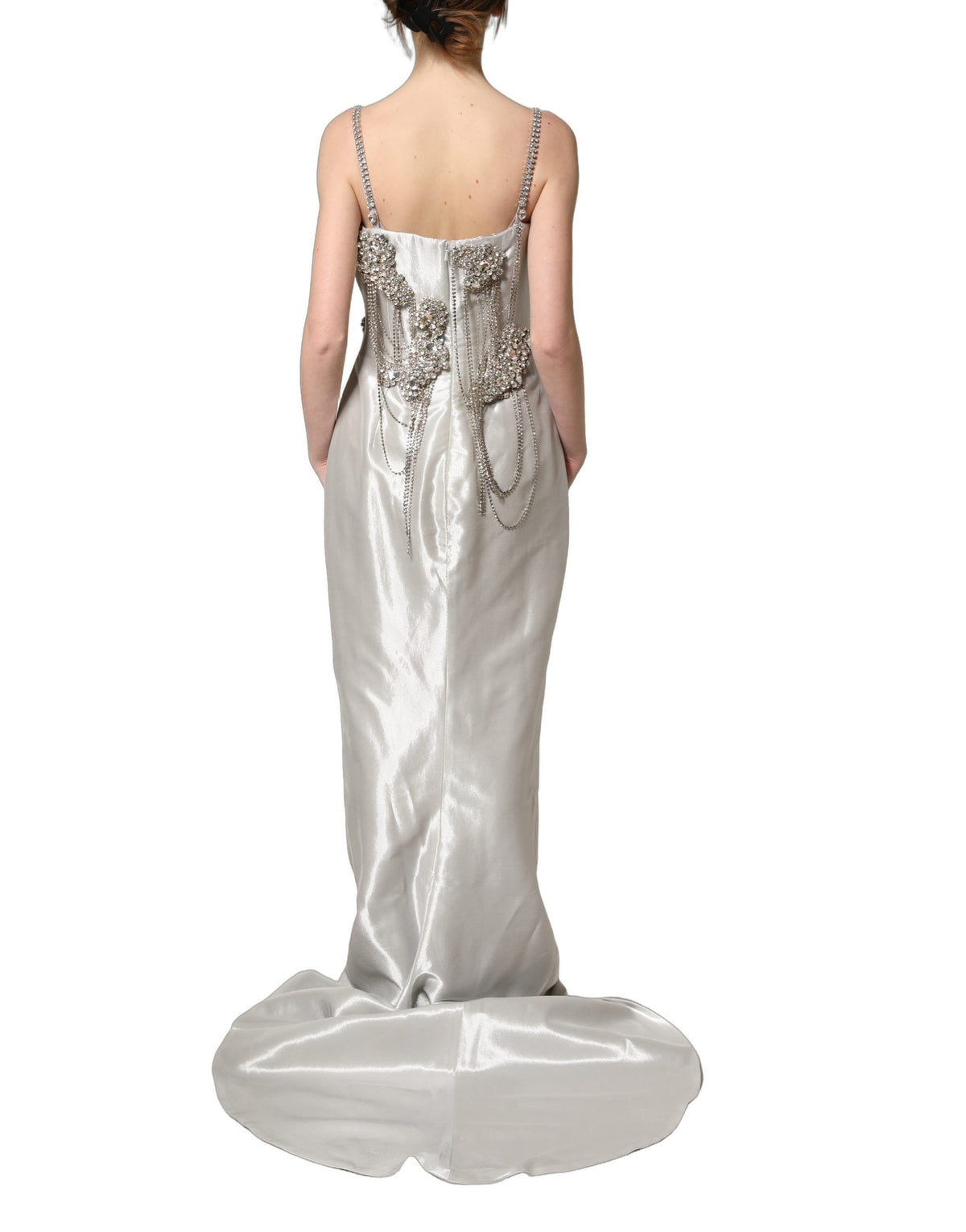 Dolce & Gabbana Women's Gown Wrap Cocktail Sleeveless Crystal Elastane & Silk Mini Long Dress - Silver