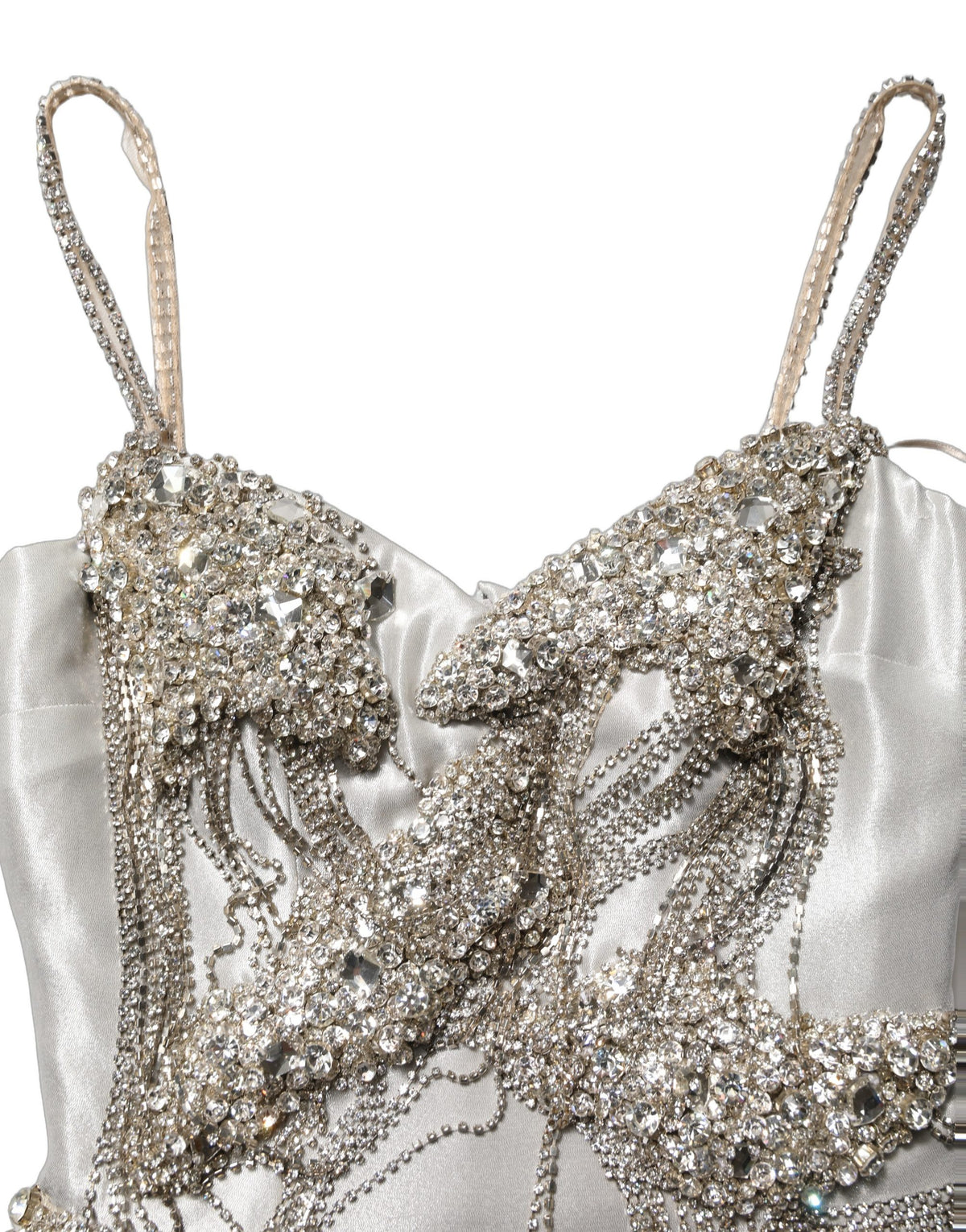 Dolce & Gabbana Women's Gown Wrap Cocktail Sleeveless Crystal Elastane & Silk Mini Long Dress - Silver