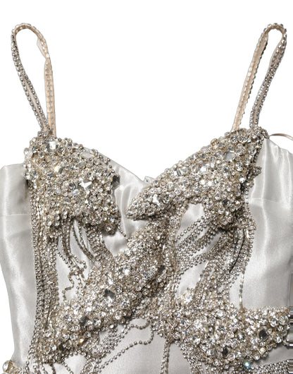 Dolce & Gabbana Women's Gown Wrap Cocktail Sleeveless Crystal Elastane & Silk Mini Long Dress - Silver