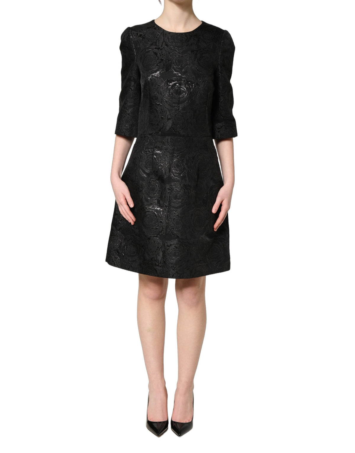 Dolce & Gabbana Women's A Line Flared Wrap Cocktail Short-Sleeve Cotton Viscose Polyester & Elastane Midi Mini Dress - Black Floral Jacquard