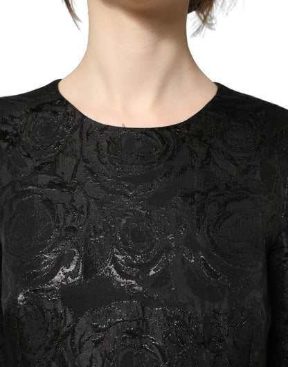Dolce & Gabbana Women's A Line Flared Wrap Cocktail Short-Sleeve Cotton Viscose Polyester & Elastane Midi Mini Dress - Black Floral Jacquard