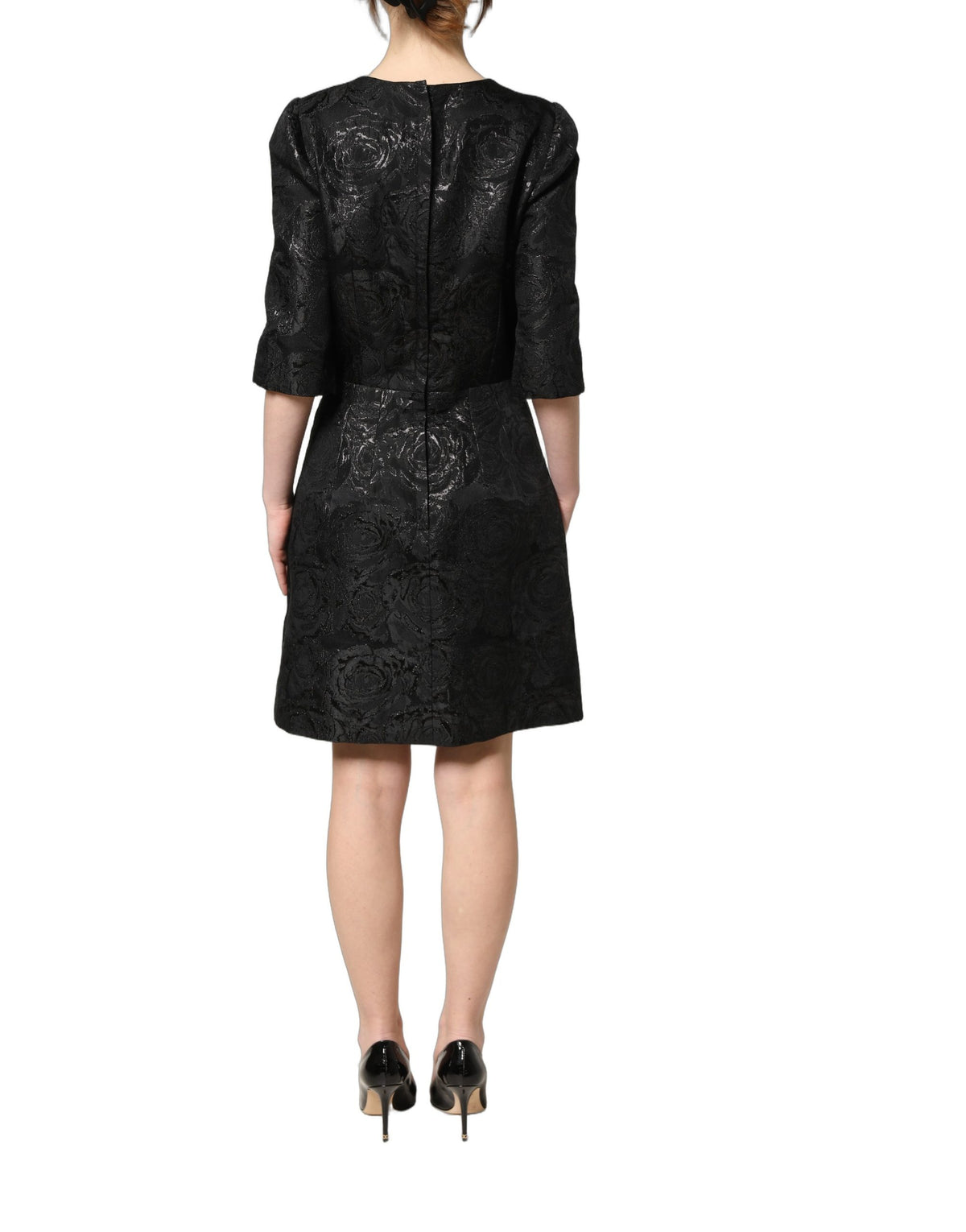Dolce & Gabbana Women's A Line Flared Wrap Cocktail Short-Sleeve Cotton Viscose Polyester & Elastane Midi Mini Dress - Black Floral Jacquard