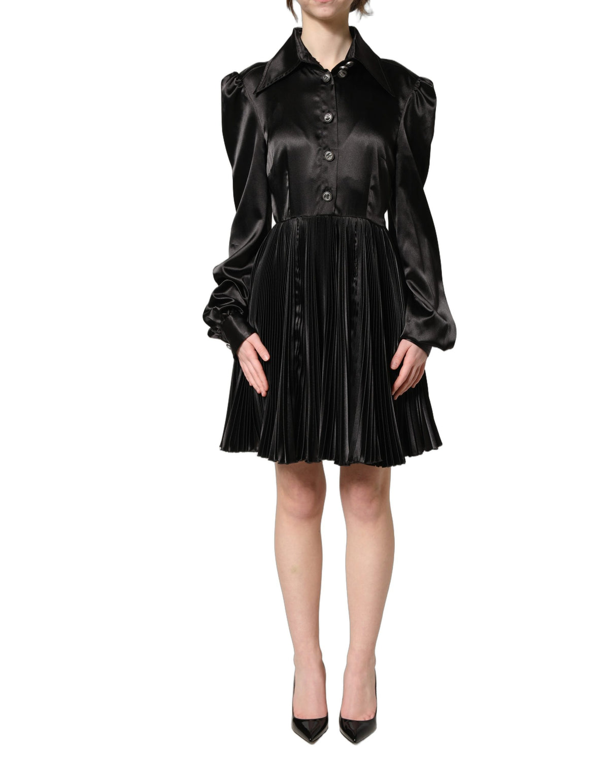 Dolce & Gabbana Women's A Line Wrap Cocktail Long-Sleeve Polyester Satin Midi Mini Dress - Black