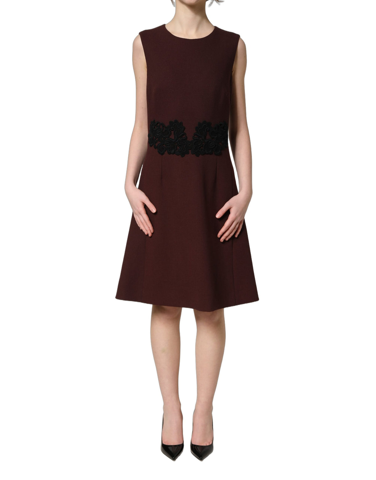 Dolce & Gabbana Aria Women's Wrap Cocktail Sleeveless Cotton Silk Virgin Wool & Lace Midi Knee Mini Dress - Black Maroon