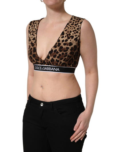 Dolce & Gabbana Women's Crop Top Cropped V Neck Silk Tank - Brown Leopard Print Print
