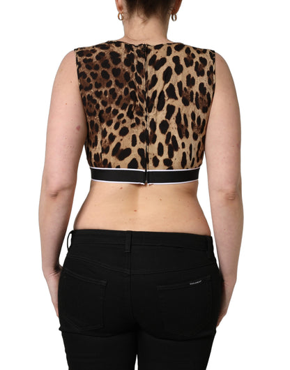 Dolce & Gabbana Women's Crop Top Cropped V Neck Silk Tank - Brown Leopard Print Print
