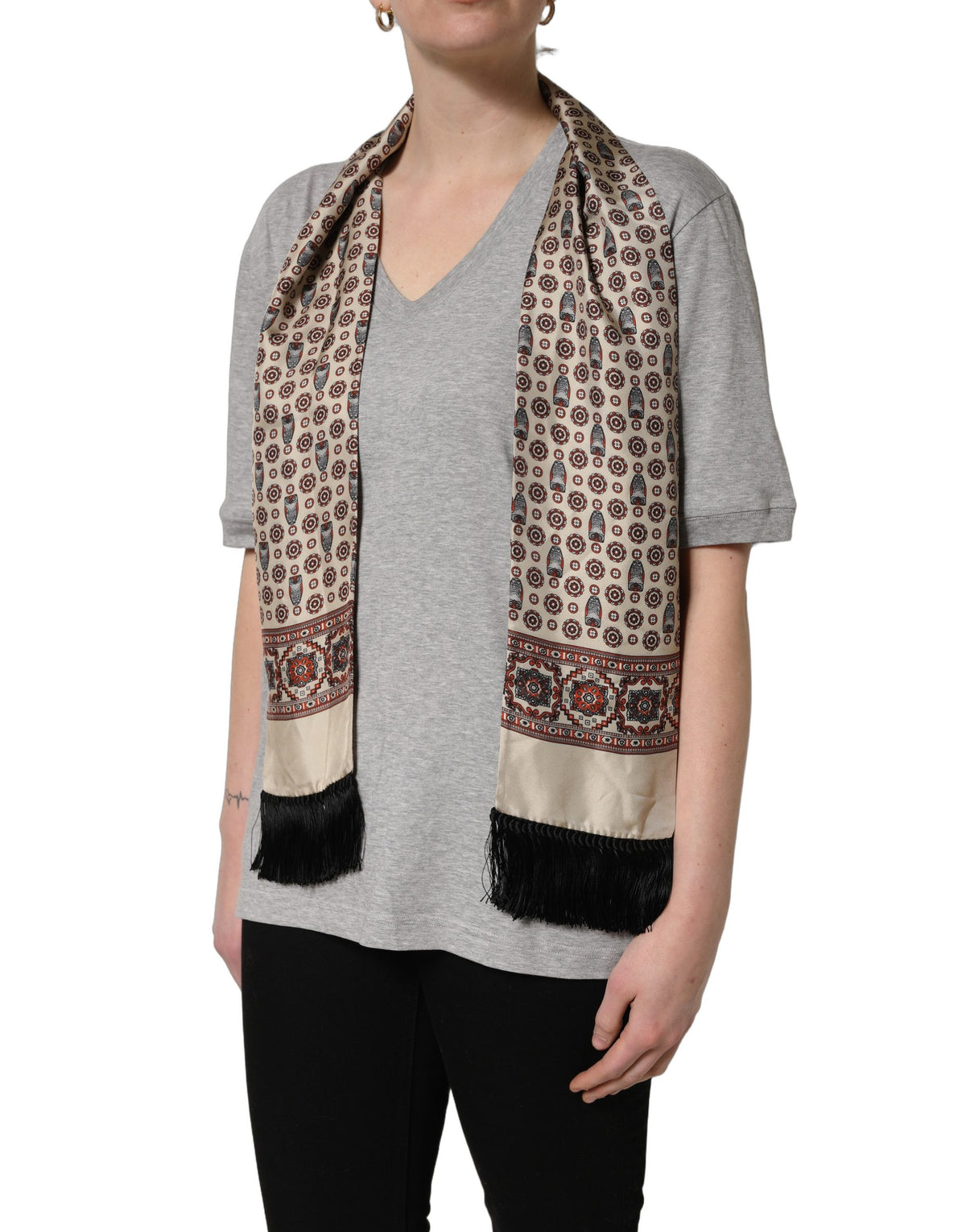 Dolce & Gabbana Women's Short-Sleeve V Neck Cotton & Silk T-Shirt - Gray Patterned