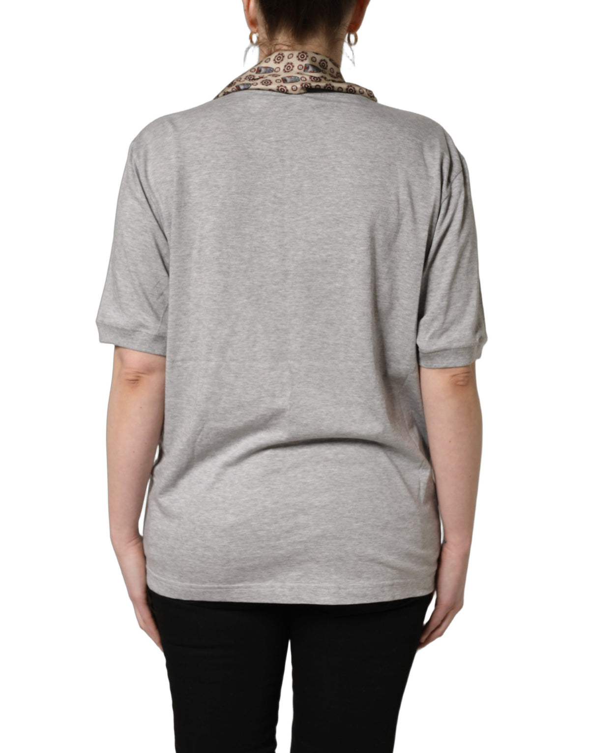 Dolce & Gabbana Women's Short-Sleeve V Neck Cotton & Silk T-Shirt - Gray Patterned