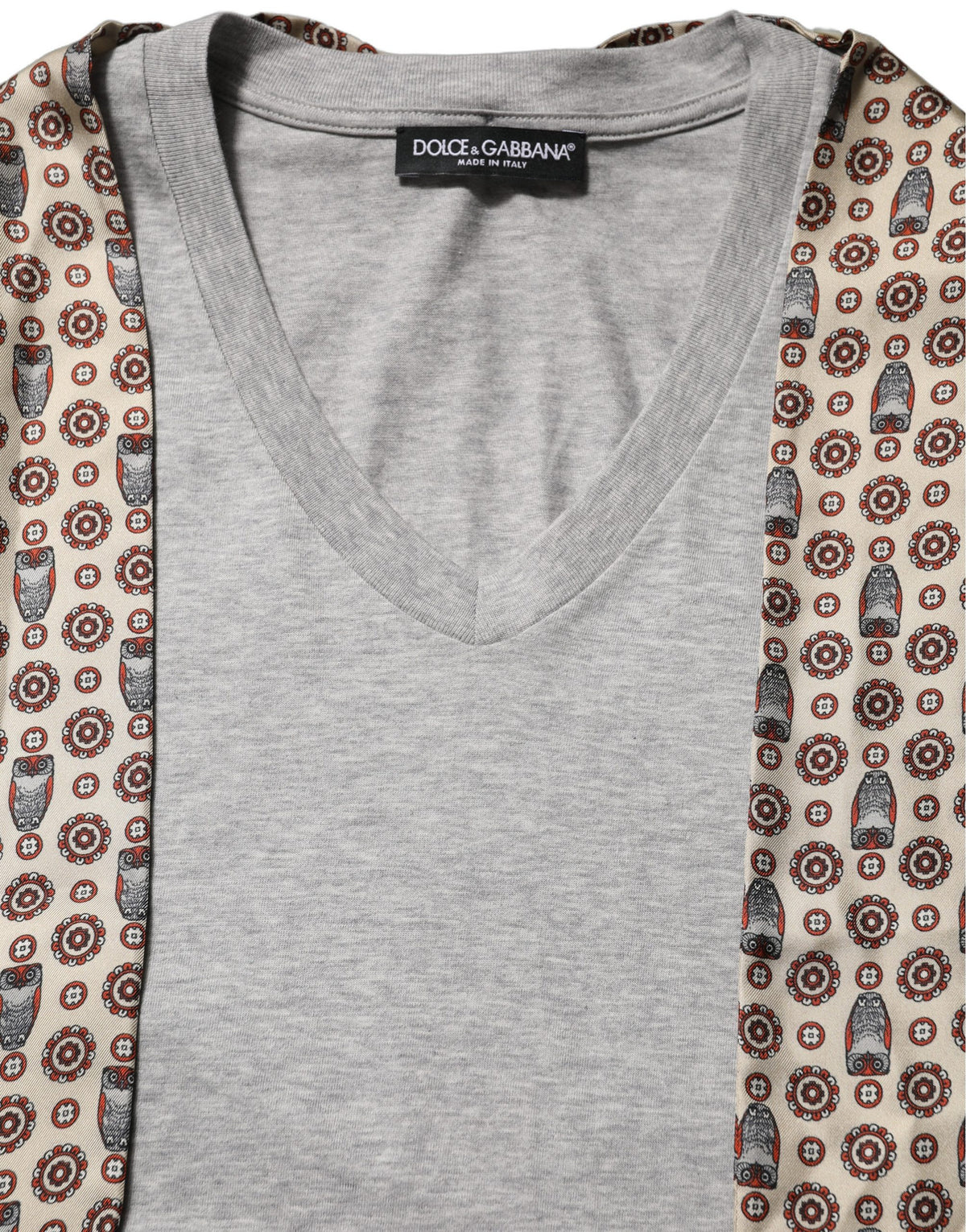 Dolce & Gabbana Women's Short-Sleeve V Neck Cotton & Silk T-Shirt - Gray Patterned