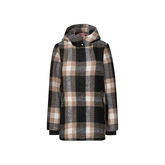Hooded Overcoat by Street One for women in polyester beige & patterned showcases a enveloping silhouette, detailed with distinctive thermal, lightweight, pockets & hooded and a enveloping hooded neckline.