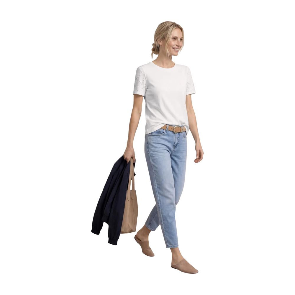 T-Shirt by Street One for women in modal & cotton cream showcases a fashionable silhouette, elegantly detailed with a fashionable and crew neckline for a sophisticated, high-fashion look.