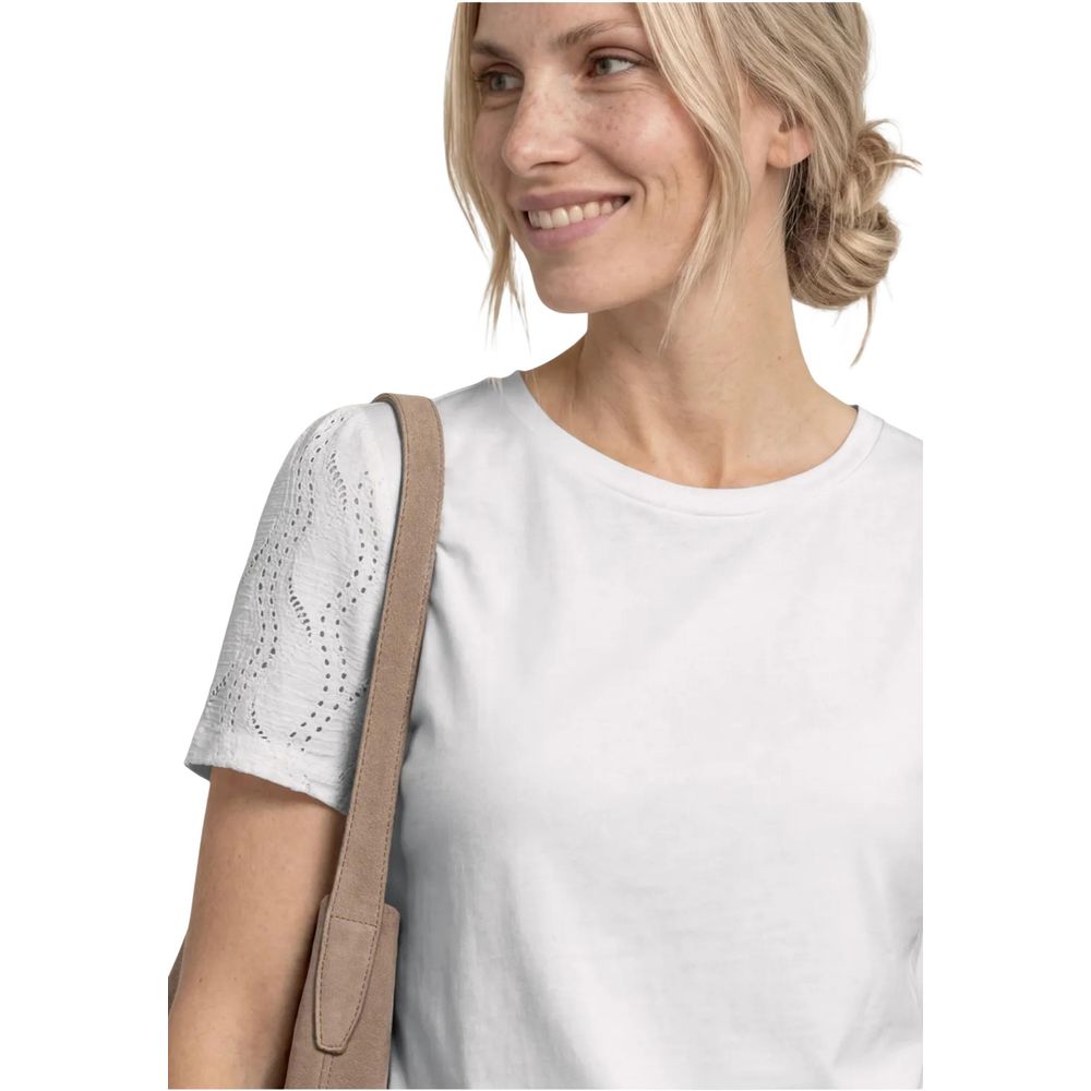 T-Shirt by Street One for women in modal & cotton cream showcases a dramatic silhouette, elegantly detailed with a dramatic crew neckline and for a truly dramatic finish.