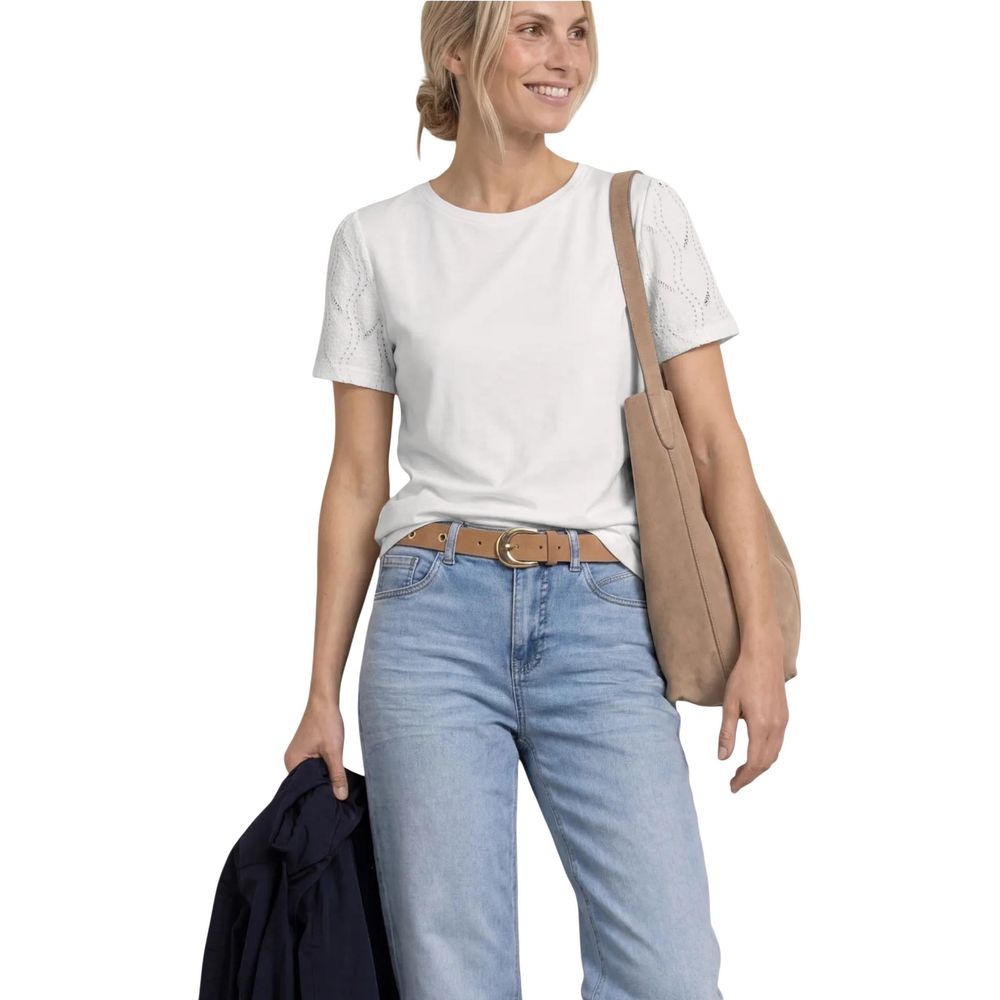 T-Shirt by Street One for women in modal & cotton cream showcases a fashionable silhouette, elegantly detailed with a fashionable and for a sophisticated, high-fashion look.