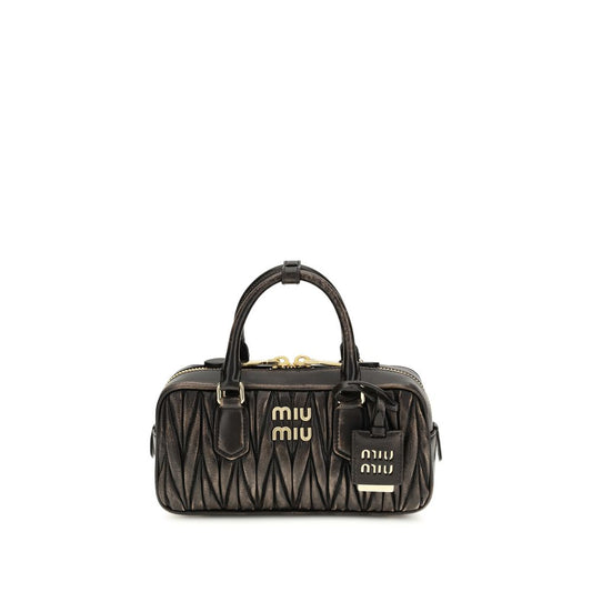 Miu Arcadie Leather & Cotton Quilted Satchel Pouch Handbag - Brown Gold Patterned
