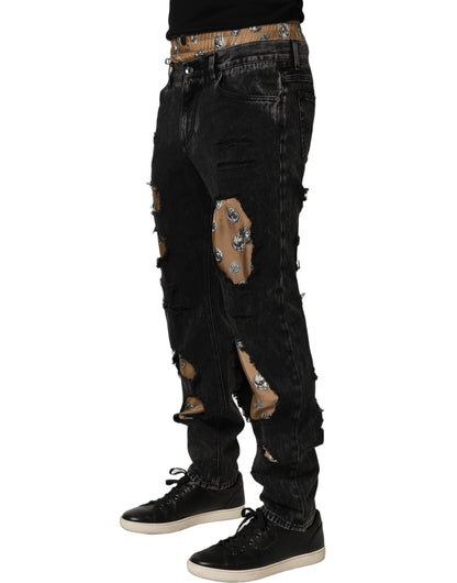 Dolce & Gabbana Men's Straight Regular Fit Denim Cotton Jeans - Black Signature Print