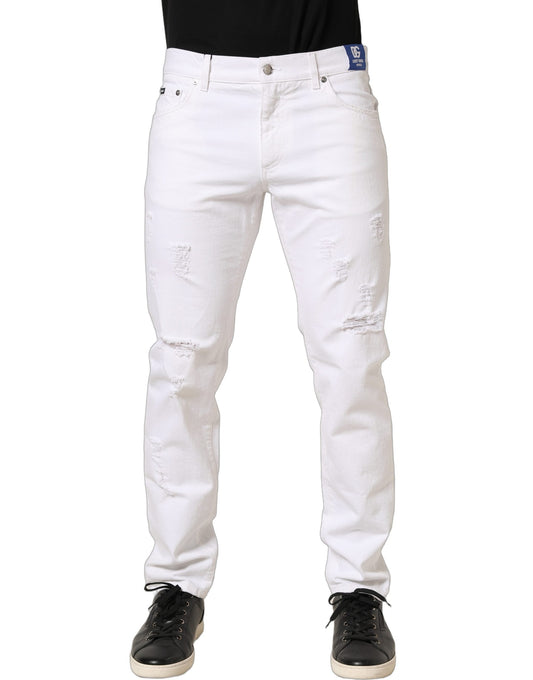Dolce & Gabbana White Cotton Ripped Slim Fit Men Denim Jeans