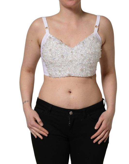 Dolce & Gabbana Women's Crop Top Cropped Silk Polyester & Rhinestone Corset - White