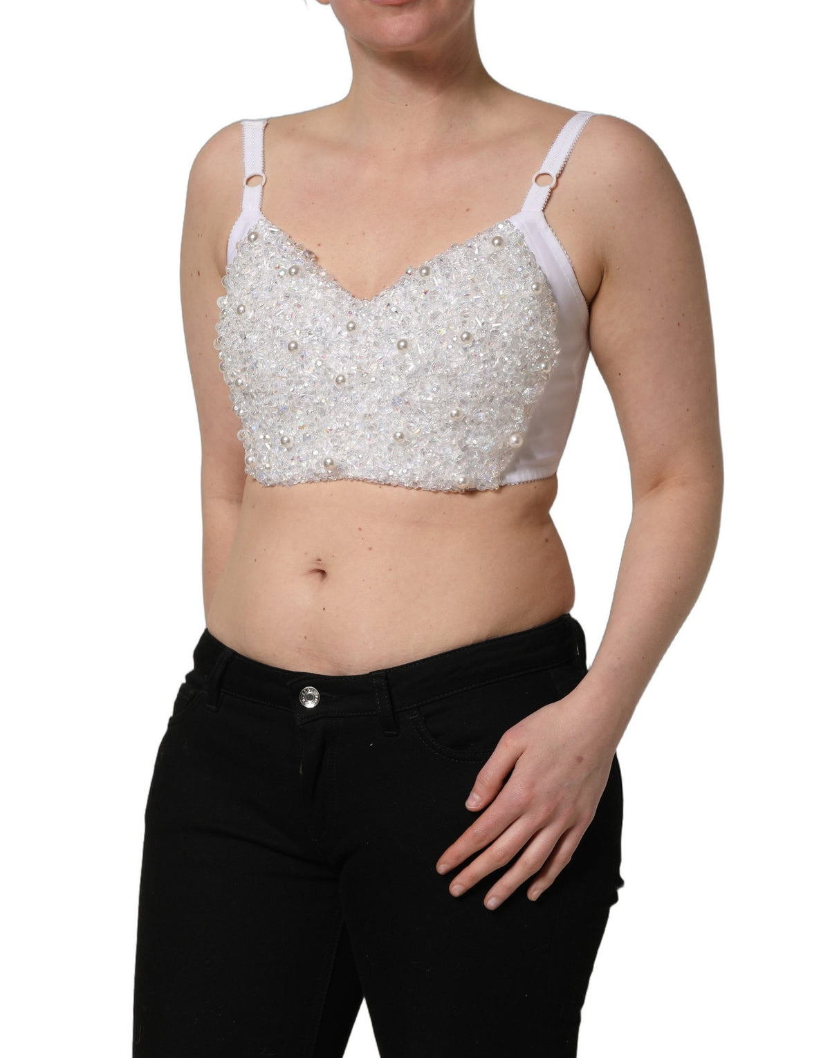 Dolce & Gabbana Women's Crop Top Cropped Silk Polyester & Rhinestone Corset - White