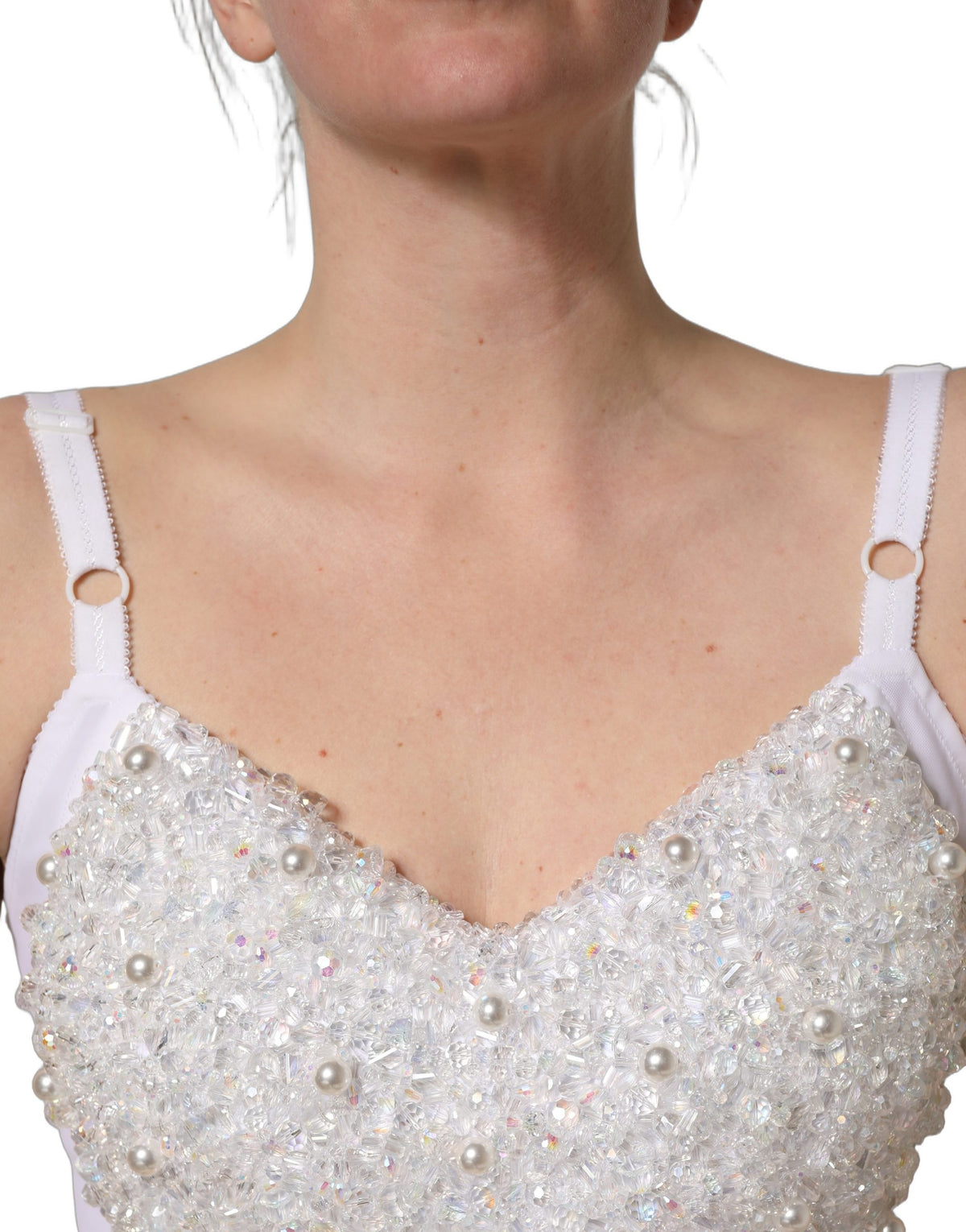 Dolce & Gabbana Women's Crop Top Cropped Silk Polyester & Rhinestone Corset - White