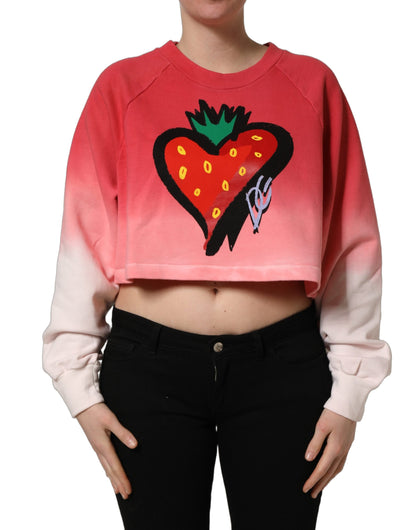 Dolce & Gabbana Strawberry Women's Crop Top Cropped Round Neck Cotton Sweatshirt - Multicolor Print
