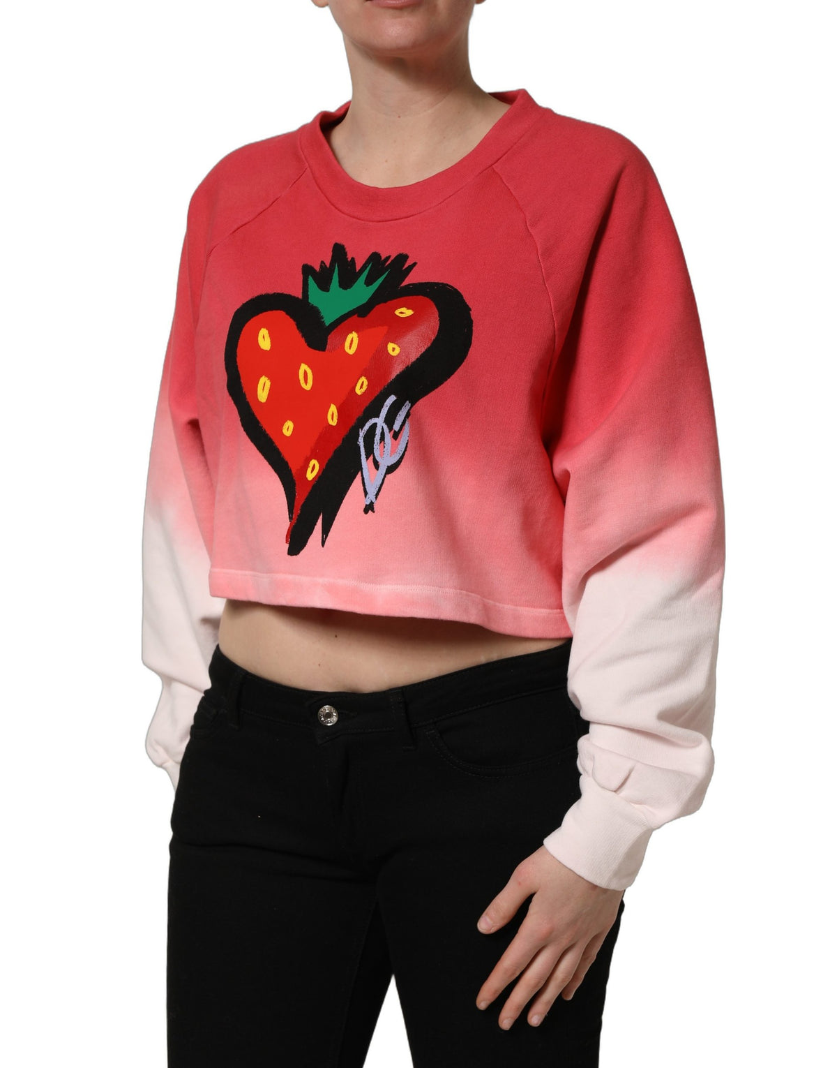 Dolce & Gabbana Strawberry Women's Crop Top Cropped Round Neck Cotton Sweatshirt - Multicolor Print