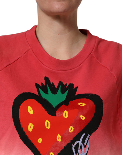 Dolce & Gabbana Strawberry Women's Crop Top Cropped Round Neck Cotton Sweatshirt - Multicolor Print