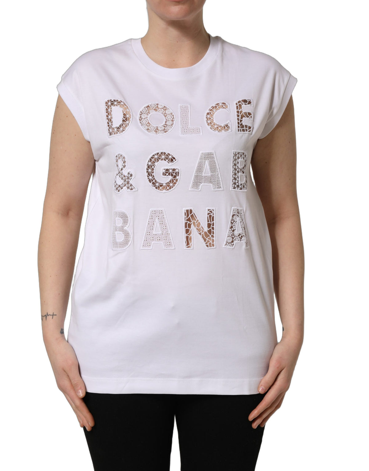 Dolce & Gabbana 9 To 5 Crochet Women's Round Neck Cotton Tank Top - White Signature
