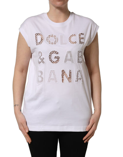 Dolce & Gabbana 9 To 5 Crochet Women's Round Neck Cotton Tank Top - White Signature