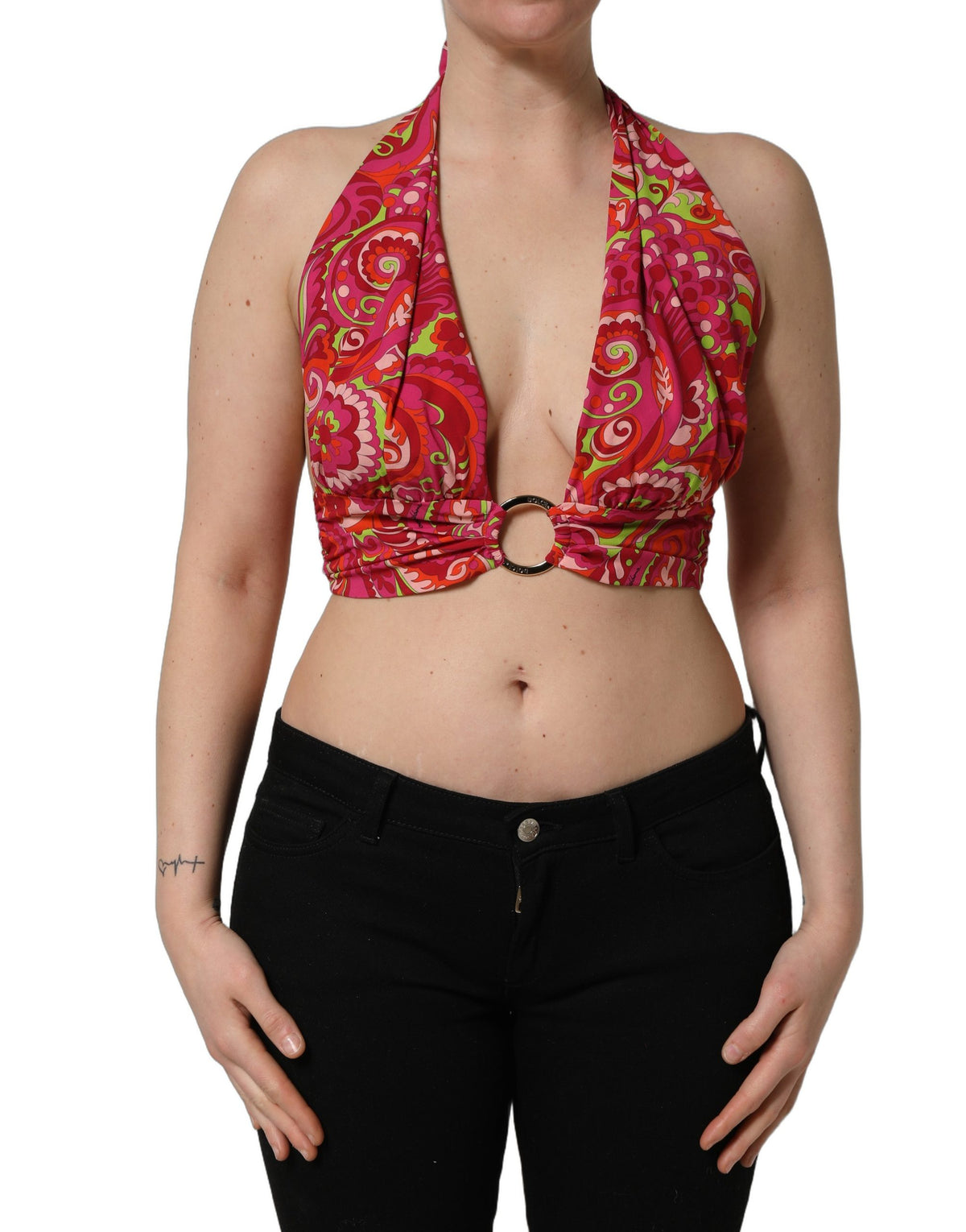 Dolce & Gabbana Women's Crop Top Cropped Halter Neck Silk Tank - Red Paisley Print