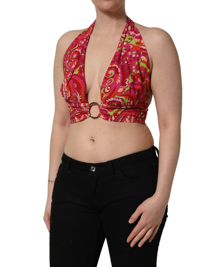 Dolce & Gabbana Women's Crop Top Cropped Halter Neck Silk Tank - Red Paisley Print