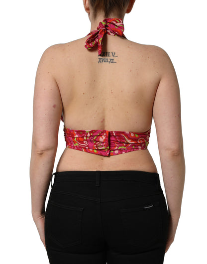 Dolce & Gabbana Women's Crop Top Cropped Halter Neck Silk Tank - Red Paisley Print