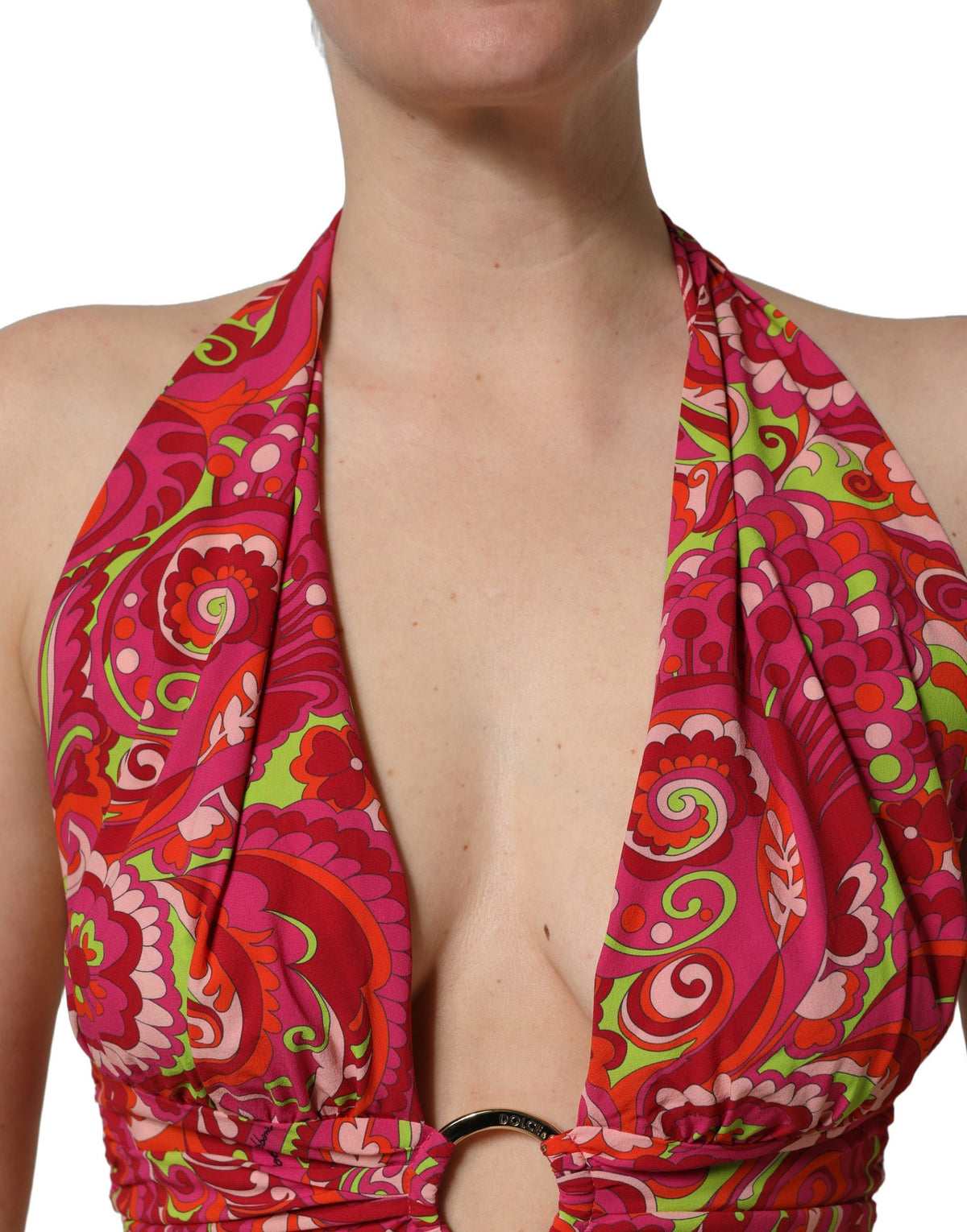 Dolce & Gabbana Women's Crop Top Cropped Halter Neck Silk Tank - Red Paisley Print