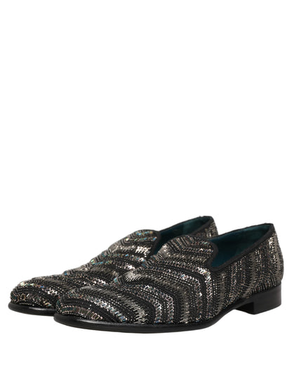 Dolce & Gabbana Men's Leather & Crystal Loafer Slip-On Shoes - Black Silver